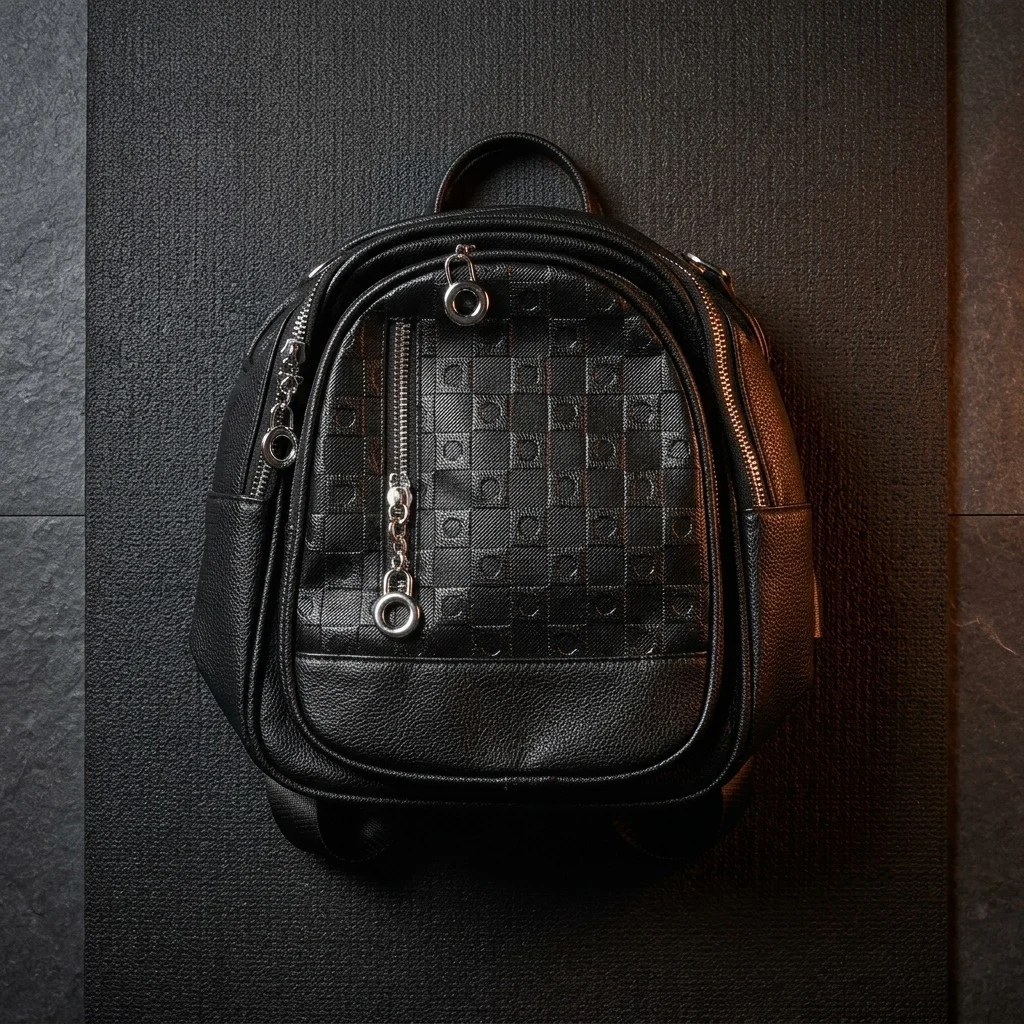 Urban Grid Black Leather Backpack